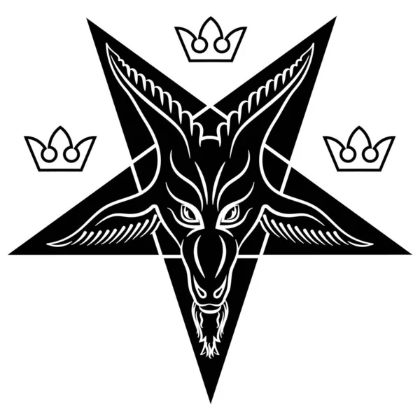 O pentagrama, o sinal de Lúcifer. A cabeça de uma cabra com chifres em um pentagrama. Sinal de Baphomet —  Vetores de Stock