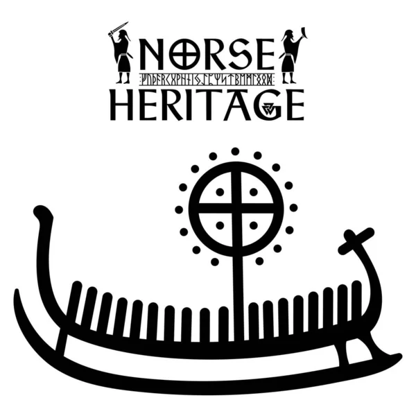Ship Drakkar, illustration with ancient runic stone from Scandinavia — Stock vektor