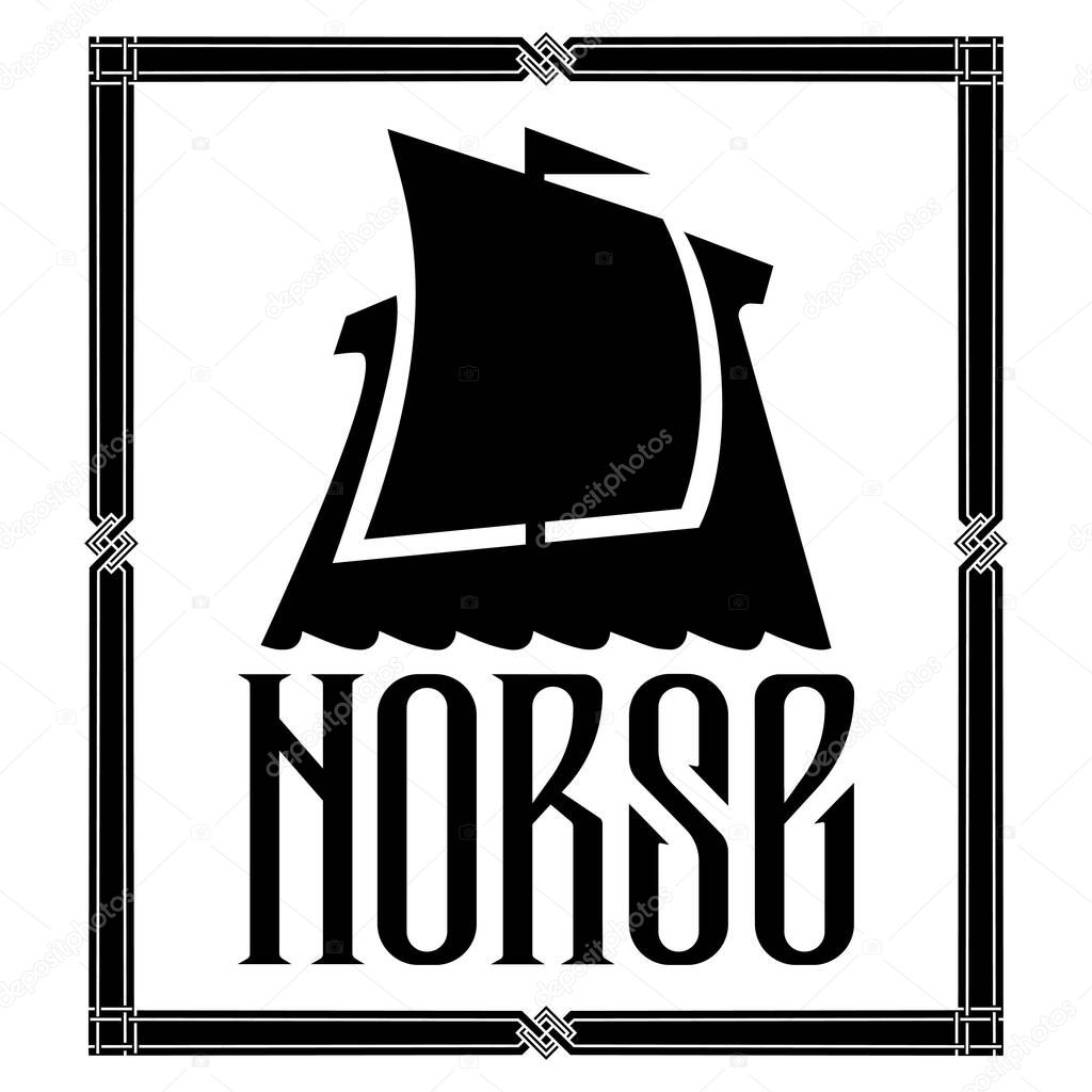 Warship of the Vikings. Drakkar logo and ancient scandinavian pattern