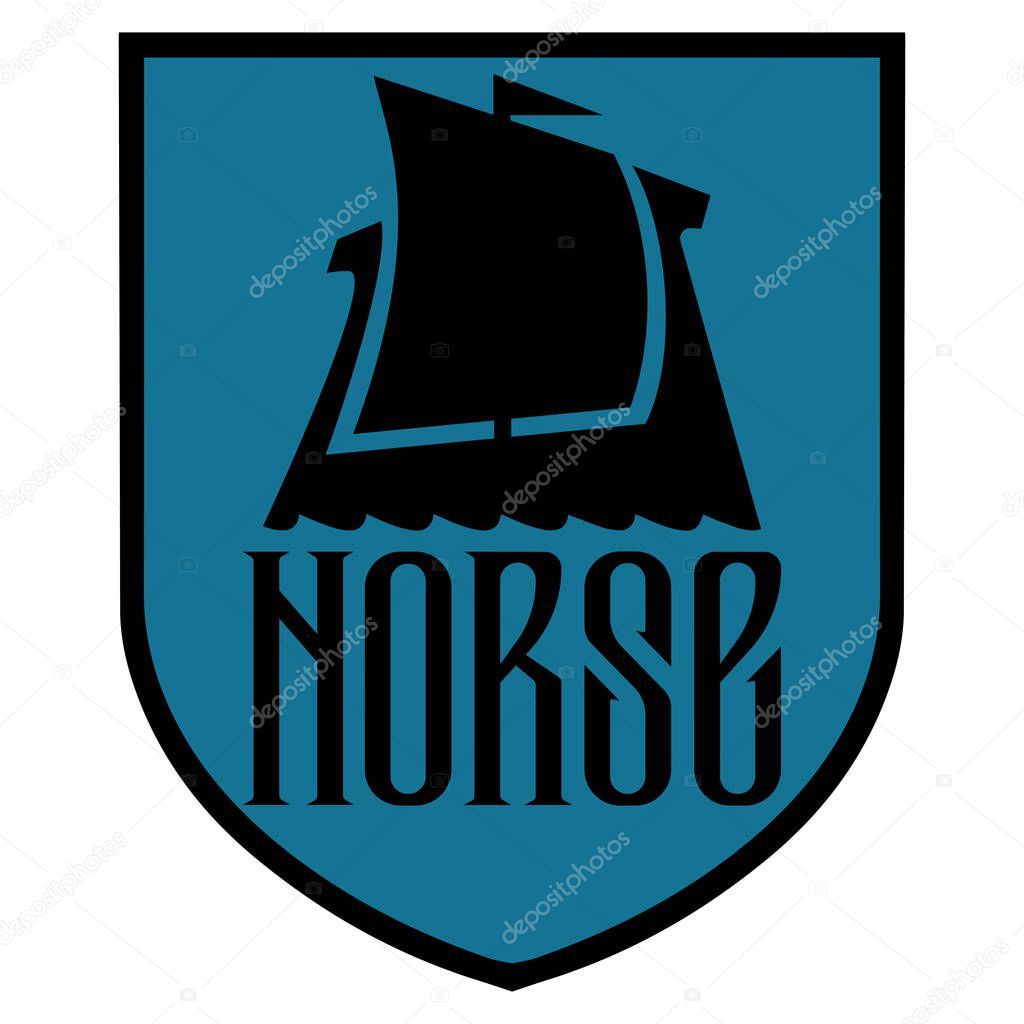 Warship of the Vikings. Drakkar Logo, ancient scandinavian pattern and norse sign Valknut, isolated on white, vector illustration