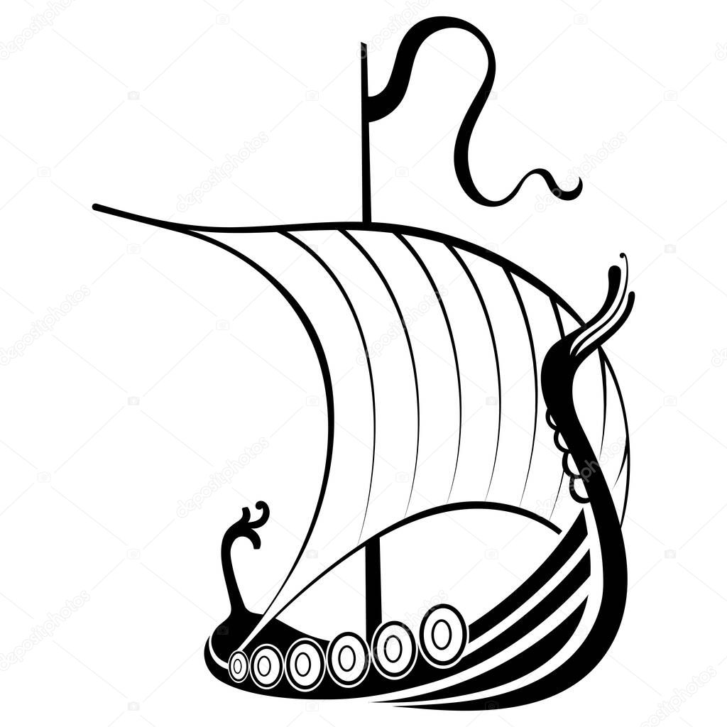 Viking ship sailing. Drakkar with a dragons head. Warship of the Vikings