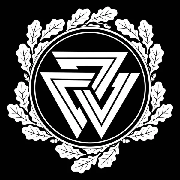 Valknut ancient pagan Nordic Germanic symbol and oak leaves — Stok Vektör