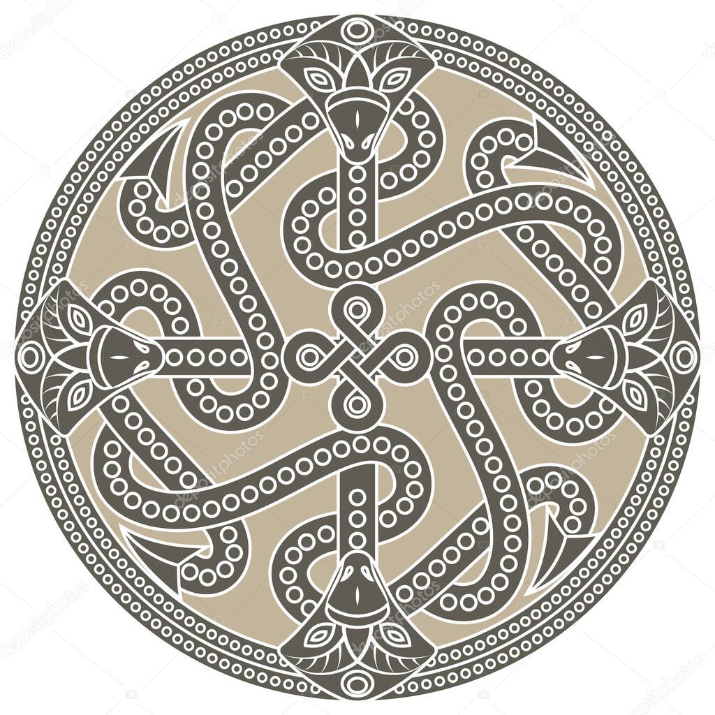 Ancient decorative dragon in celtic style, scandinavian knot-work illustration, isolated on white, vector illustration