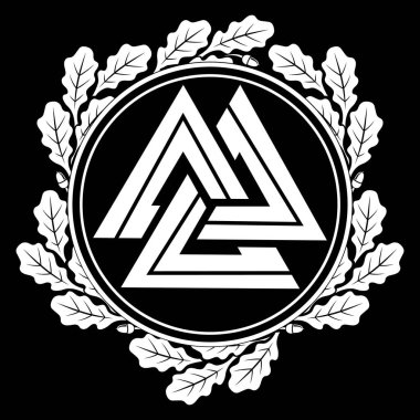 Valknut antik pagan Germen sembolü ve meşe yaprakları, siyah üzerine izole edilmiş, vektör illüstrasyonu