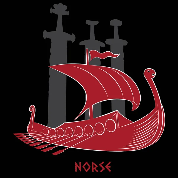 Viking Design Scsndinavian Navio Guerra Dos Vikings Drakkar Isolado Preto —  Vetores de Stock