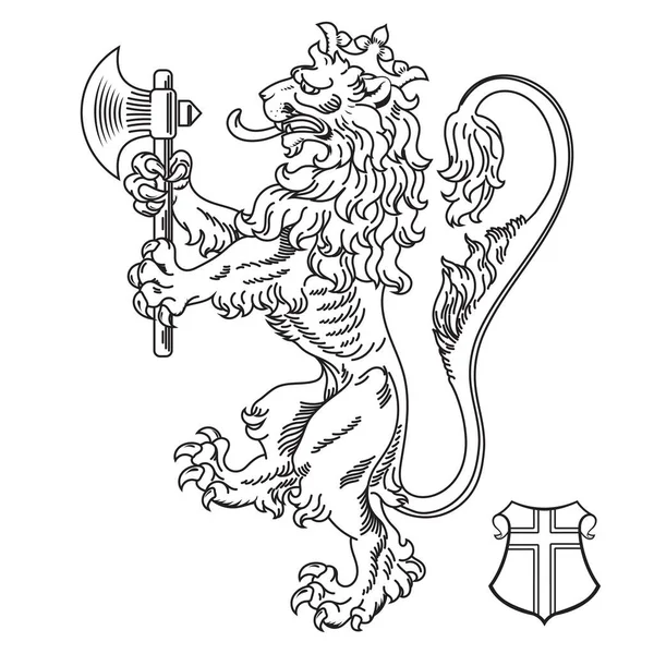 腕の中世の紋章 紋章ライオン 紋章ライオンのシルエット 白いベクトルイラストに隔離された正面の爪に斧を持つ冠ライオン — ストックベクタ