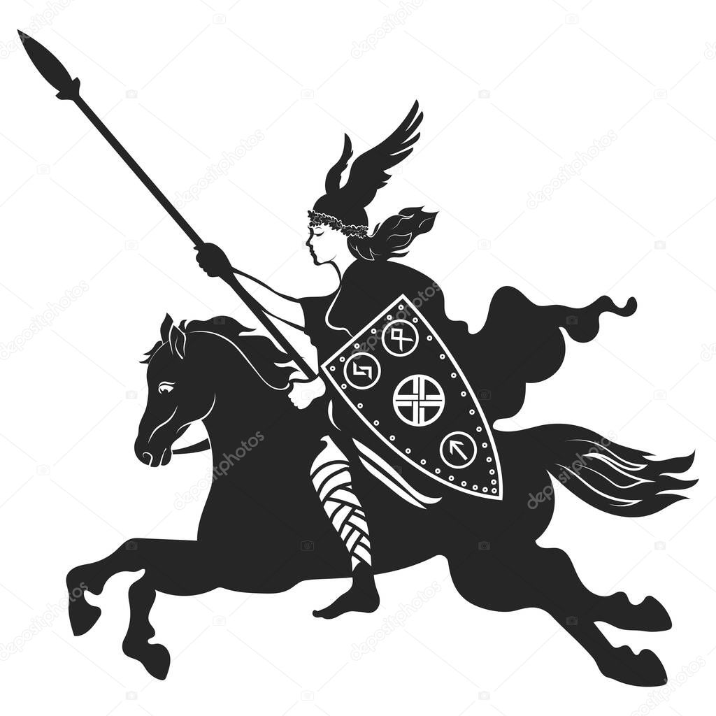 Viking design. Valkyrie on a warhorse, illustration to Scandinavian mythology, isolated on white, vector illustration