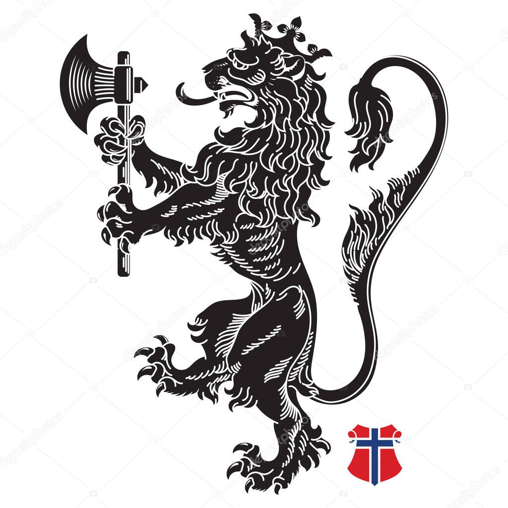 A medieval heraldic coat of arms, heraldic lion, heraldic lion silhouette, crowned lion holding an axe in its front paws, isolated on white, vector illustration