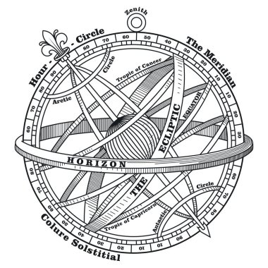 Vintage navigasyon cihazı, Armillary küresi, vintage el çizimi illüstrasyon, beyaz üzerine izole edilmiş, vektör illüstrasyonu