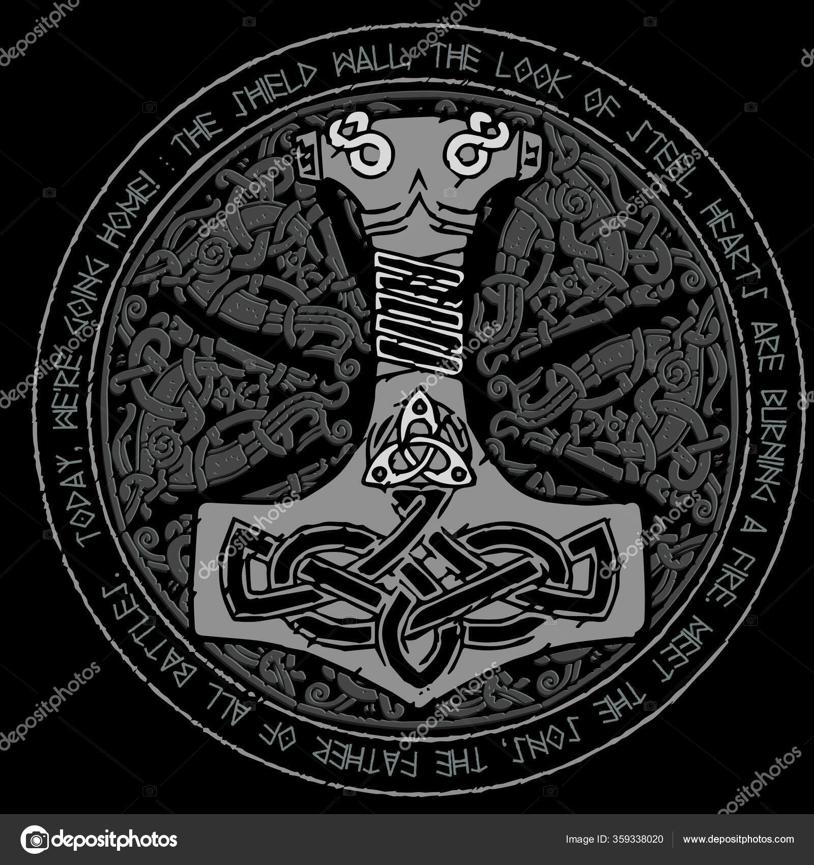 神のハンマーソー Mjollnir ベクトル図上に隔離されたラウンド伝統的な北欧の装飾と実行テキスト ストックベクター ©Bourbon-88  359338020, image size:1600x1700