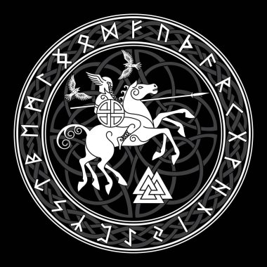 Tanrı Wotan, mızraklı bir at ve İskandinav rünlerinden oluşan bir çemberde iki kuzgun sürüyor. Siyahta izole edilmiş İskandinav mitolojisi, vektör illüstrasyonu
