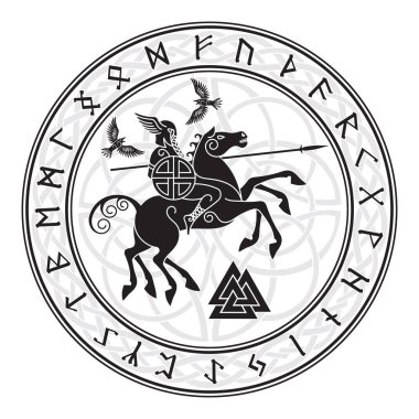 God Wotan, riding on a horse Sleipnir with a spear and two ravens in a circle of Norse runes. Illustration of Norse mythology, isolated on white, vector illustration clipart