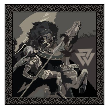 Ragnarok. Tanrı 'nın savaşı Odin ve kurt Fenrir. Beyaz renkte izole edilmiş İskandinav mitolojisi, vektör illüstrasyonu
