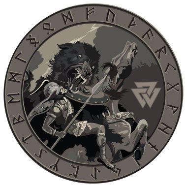 Ragnarok. Tanrı 'nın savaşı Odin ve kurt Fenrir. Beyaz renkte izole edilmiş İskandinav mitolojisi, vektör illüstrasyonu