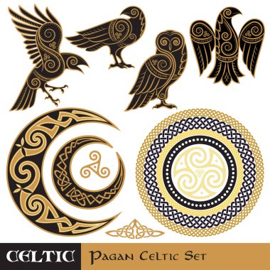 Celtic Magic set. Celtic horned Moon and Sun, Celtic Owl, Celtic Raven, isolated on white, vector illustration clipart