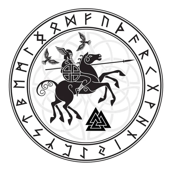 Tanrı Wotan, mızraklı bir at ve İskandinav rünlerinden oluşan bir çemberde iki kuzgun sürüyor. Beyaz renkte izole edilmiş İskandinav mitolojisi, vektör illüstrasyonu