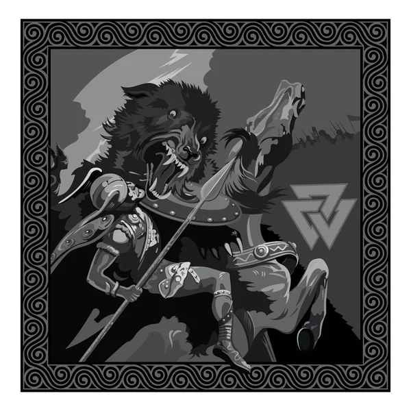 Ragnarok Batalla Del Dios Odín Con Lobo Fenrir Ilustración Mitología — Archivo Imágenes Vectoriales