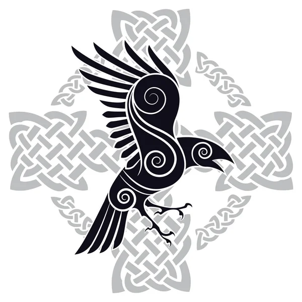 Kelt haçı desenli, beyaz, vektör illüstrasyonunda izole edilmiş Odin Kuzgunu.