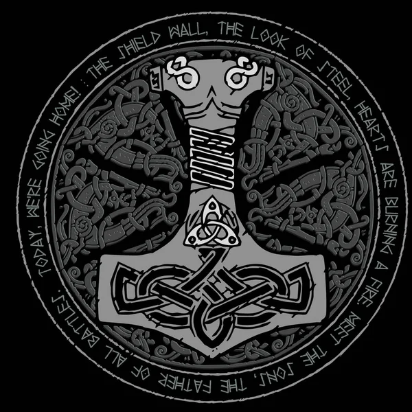 Молот Бога Тора Мьёльнир Круглый Традиционный Скандинавский Орнамент Рунический Текст — стоковый вектор