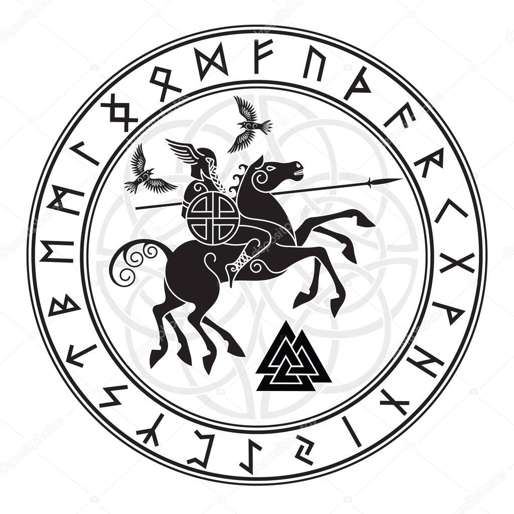 God Wotan, riding on a horse Sleipnir with a spear and two ravens in a circle of Norse runes. Illustration of Norse mythology, isolated on white, vector illustration