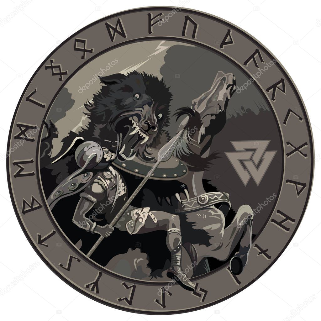 Ragnarok. Battle of the God Odin with the wolf Fenrir. Illustration of Norse mythology, isolated on white, vector illustration