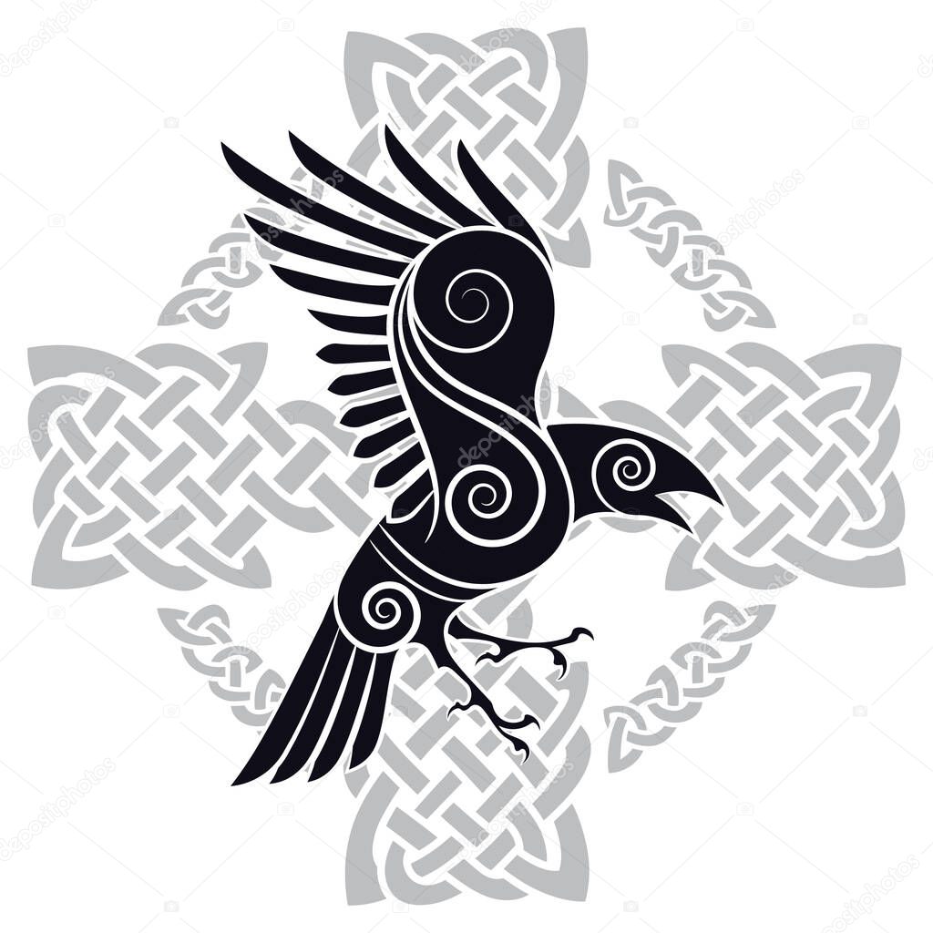 The Raven of Odin in a Celtic style patterned Celtic cross, isolated on white, vector illustration