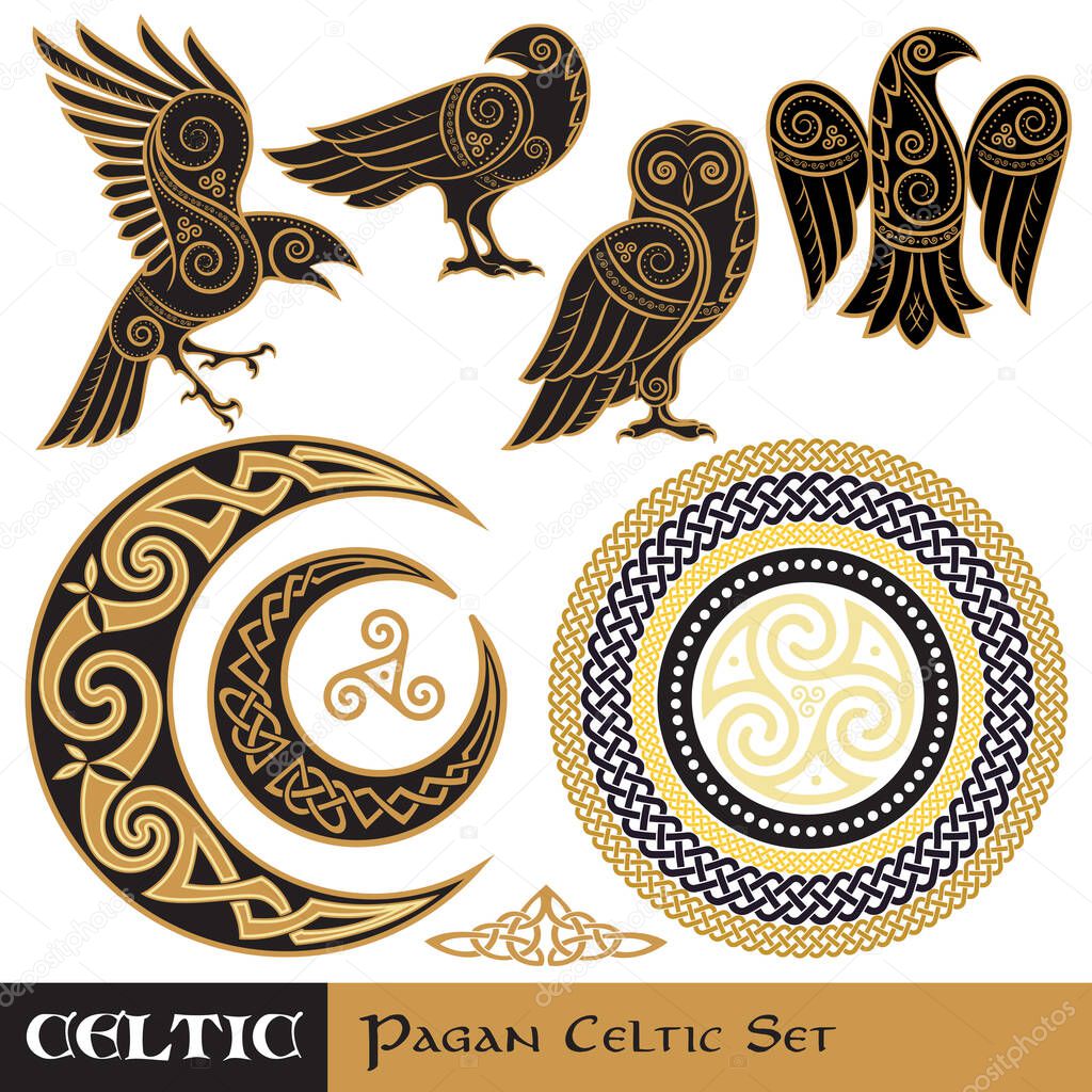 Celtic Magic set. Celtic horned Moon and Sun, Celtic Owl, Celtic Raven, isolated on white, vector illustration