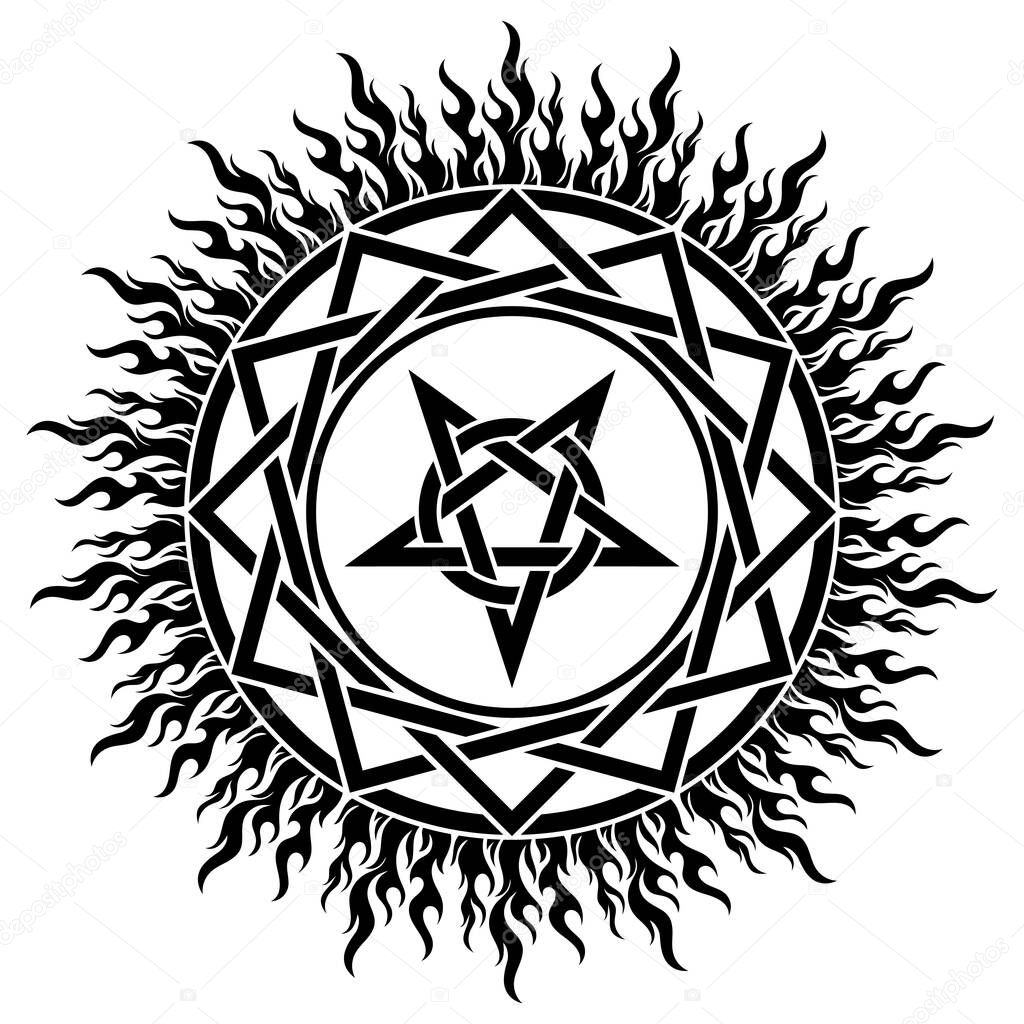 Black magic sign, pentagram and fire