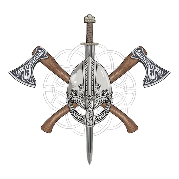 Casque viking, haches vikings croisées et couronne de motifs scandinaves — Image vectorielle