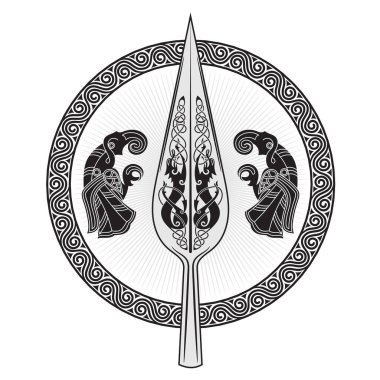 Tanrı Odin 'in mızrağı, Gungnir. İki kuzgun ve İskandinav deseni