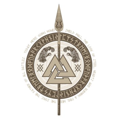 Tanrı Odin 'in mızrağı, Gungnir. İki kuzgun ve İskandinav deseni