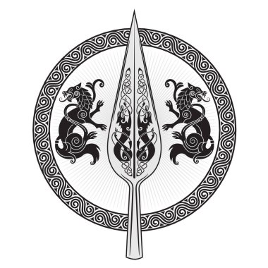 Tanrı Odin 'in mızrağı, Gungnir. İki kurt ve İskandinav deseni