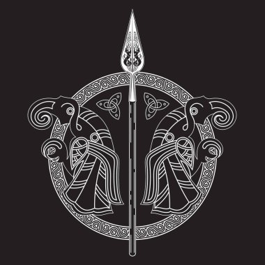 Tanrı Odin 'in mızrağı, Gungnir. İki kuzgun ve İskandinav deseni