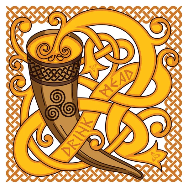 Celtic, Scandinavian design. Drinking horn with mead and woven pattern — Stock Vector