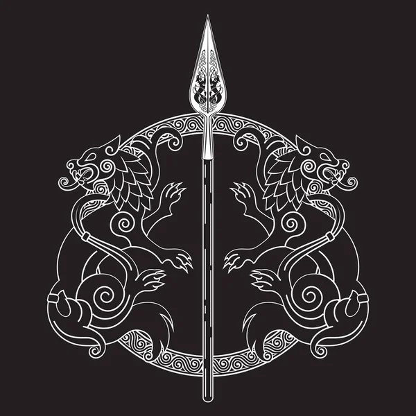 De speer van de God Odin - Gungnir. Twee wolven en Scandinavisch patroon — Stockvector