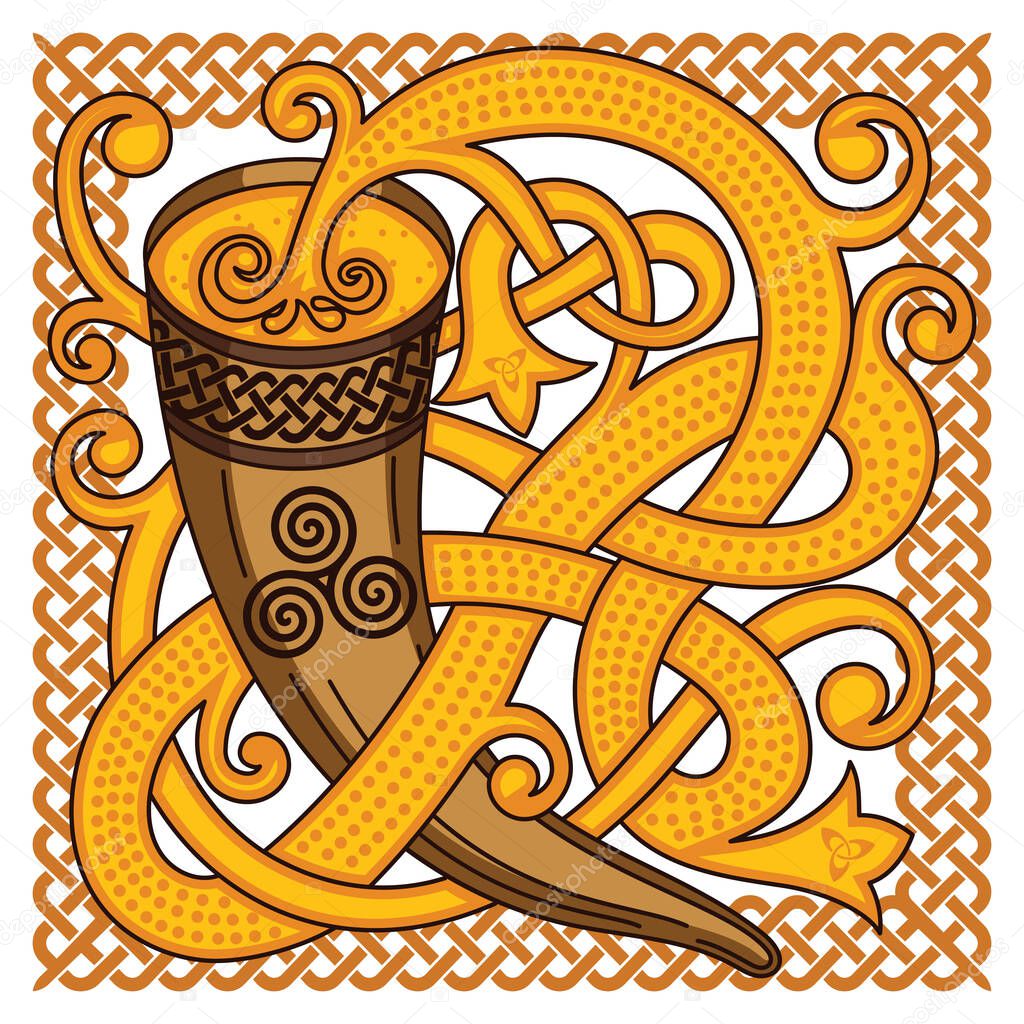 Celtic, Scandinavian design. Drinking horn with mead and woven pattern