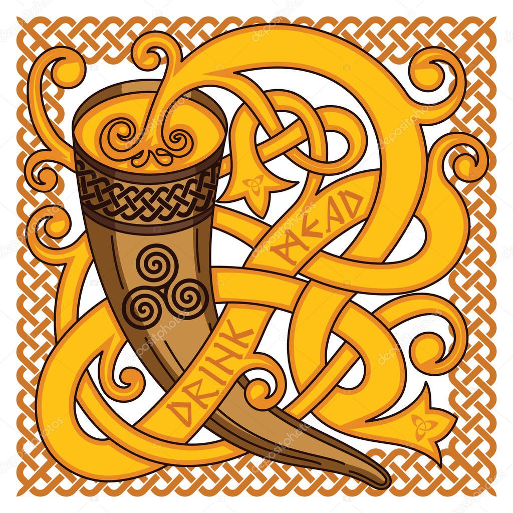 Celtic, Scandinavian design. Drinking horn with mead and woven pattern