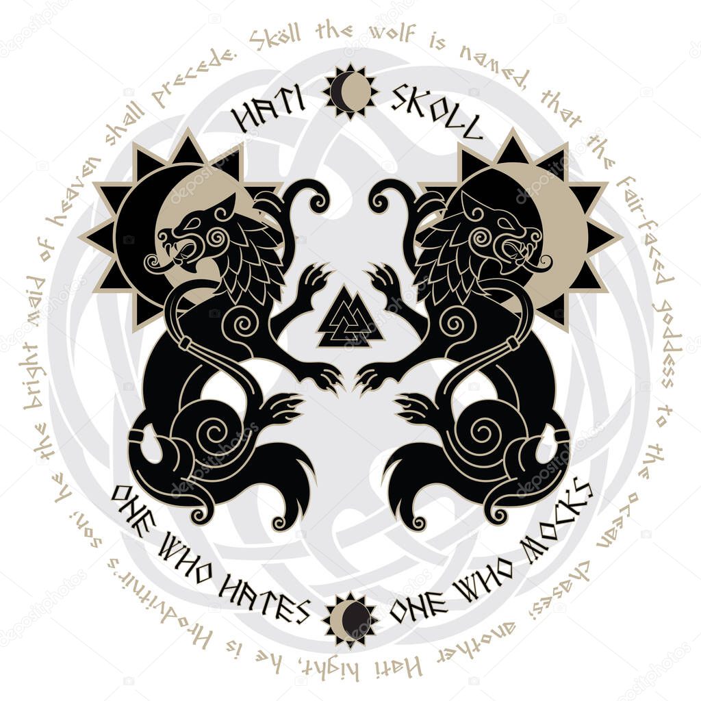 Two wolves from Norse mythology, Hati and Skoll devour the Sun and the Moon