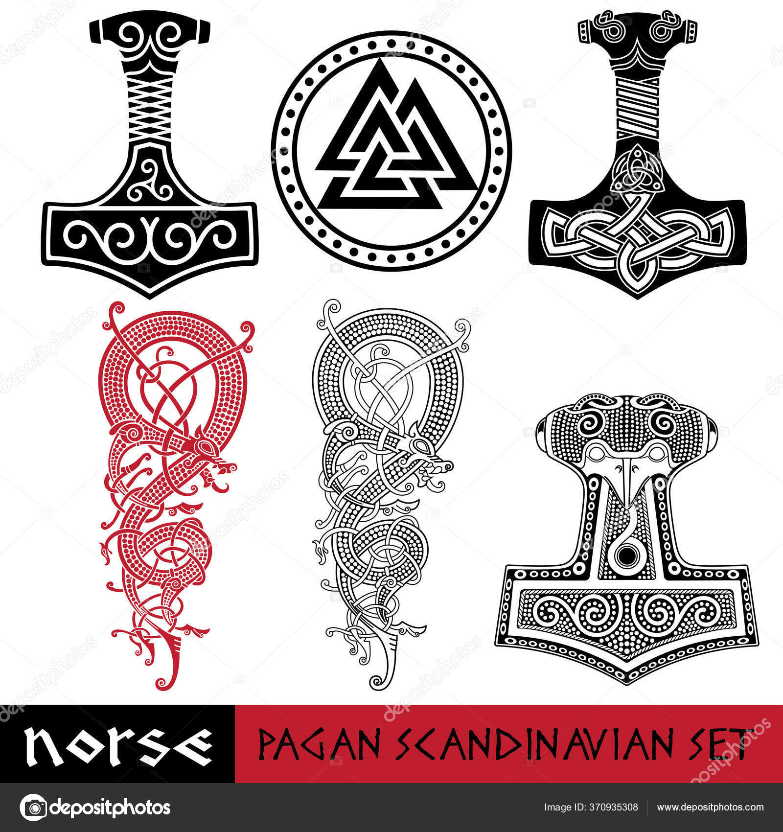 Skandinaviske hedenske sæt - Thors hammer - Mjollnir, Odin tegn - Valknut  og verdens drage Jormundgand. Illustration af nordisk mytologi Stockvektor  af ©Bourbon-88 370935308, image size:1600x1700
