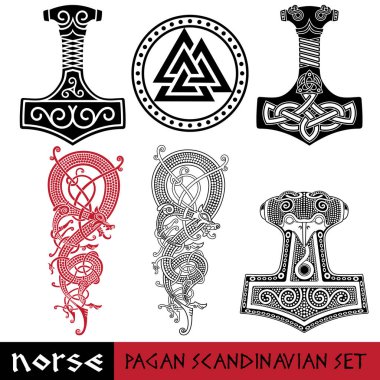 İskandinav pagan seti - Thors hammer - Mjollnir, Odin işareti - Valknut ve dünya ejderhası Jormundgand. İskandinav mitolojisinin tasviri