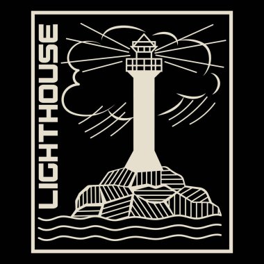 Navigasyon denizcilik vektör tasarımı. Deniz feneri ve fırtınalı deniz