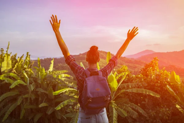 Hippi kız en yüksek dağında gün batımı zevk sırt çantası ile. Arka plan Vadisi manzara görünümü mockup üzerinde turist gezgin. Tonda. Instagram filtre