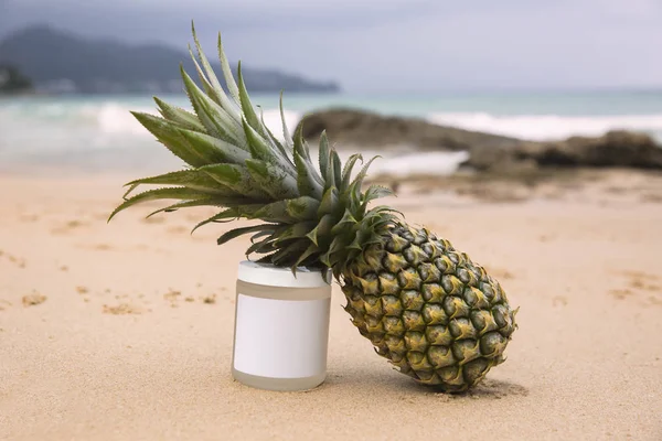 Garrafa de protetor solar e abacaxi em um fundo do mar — Fotografia de Stock