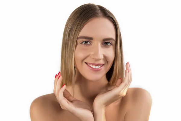 Mulher Beleza Rosto Com Mãos Retrato Menina Modelo Spa Bonita — Fotografia de Stock