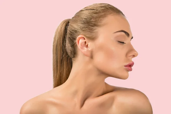 Porträt Eines Schönen Nackten Weiblichen Mädchens Modell Große Lippen Auf — Stockfoto