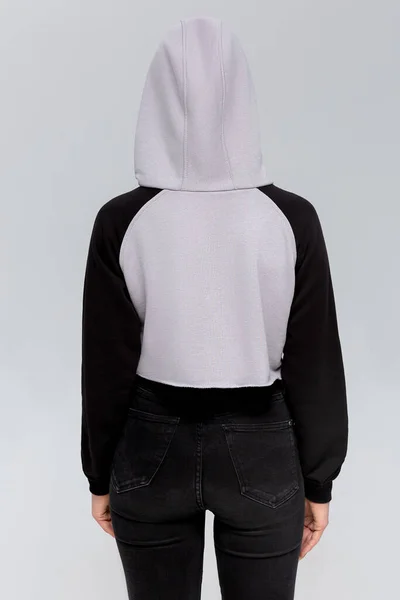 Kobieta Czarno Szarej Mini Bluzie Kapturem Makiecie Logo Lub Projekt — Zdjęcie stockowe
