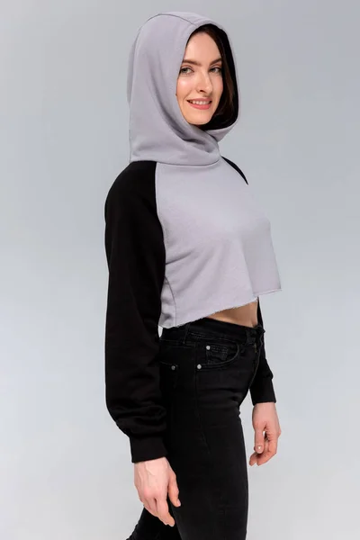 Femme Noir Gris Mini Sweat Capuche Maquette Pour Logo Design — Photo