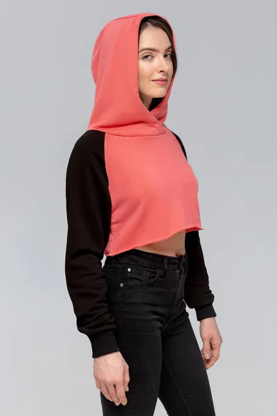 Vrouw Zwart Roze Mini Hoodie Model Voor Logo Branding Ontwerp — Stockfoto