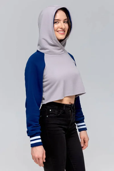 Femme Mini Sweat Capuche Bleu Gris Maquette Pour Logo Design — Photo