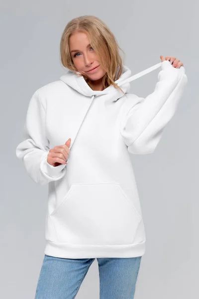 Mulher Capuz Branco Modelo Para Logotipo Design Marca — Fotografia de Stock